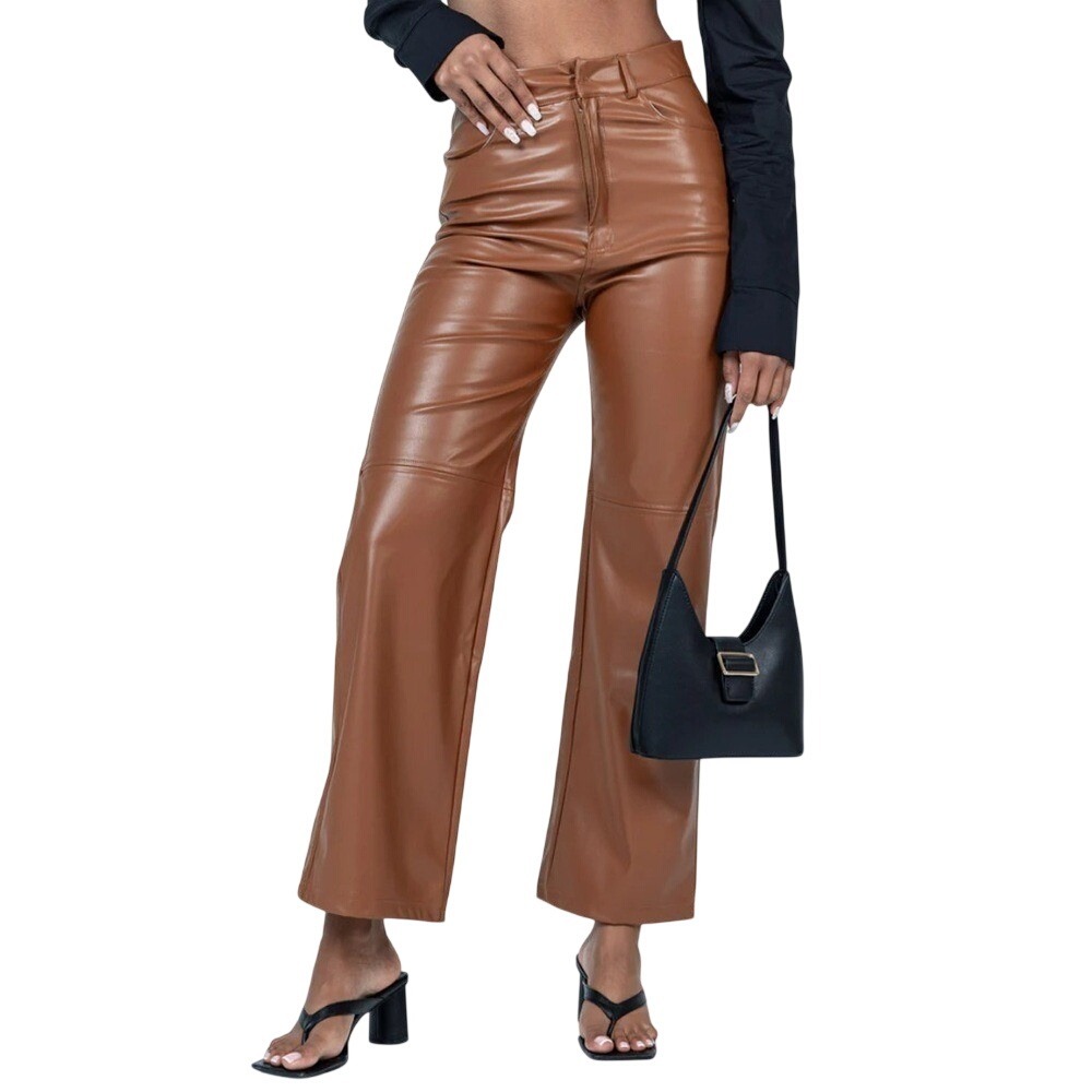 Princess Polly Brown Faux Leather High Waisted Straight Leg Pants Womens S/M